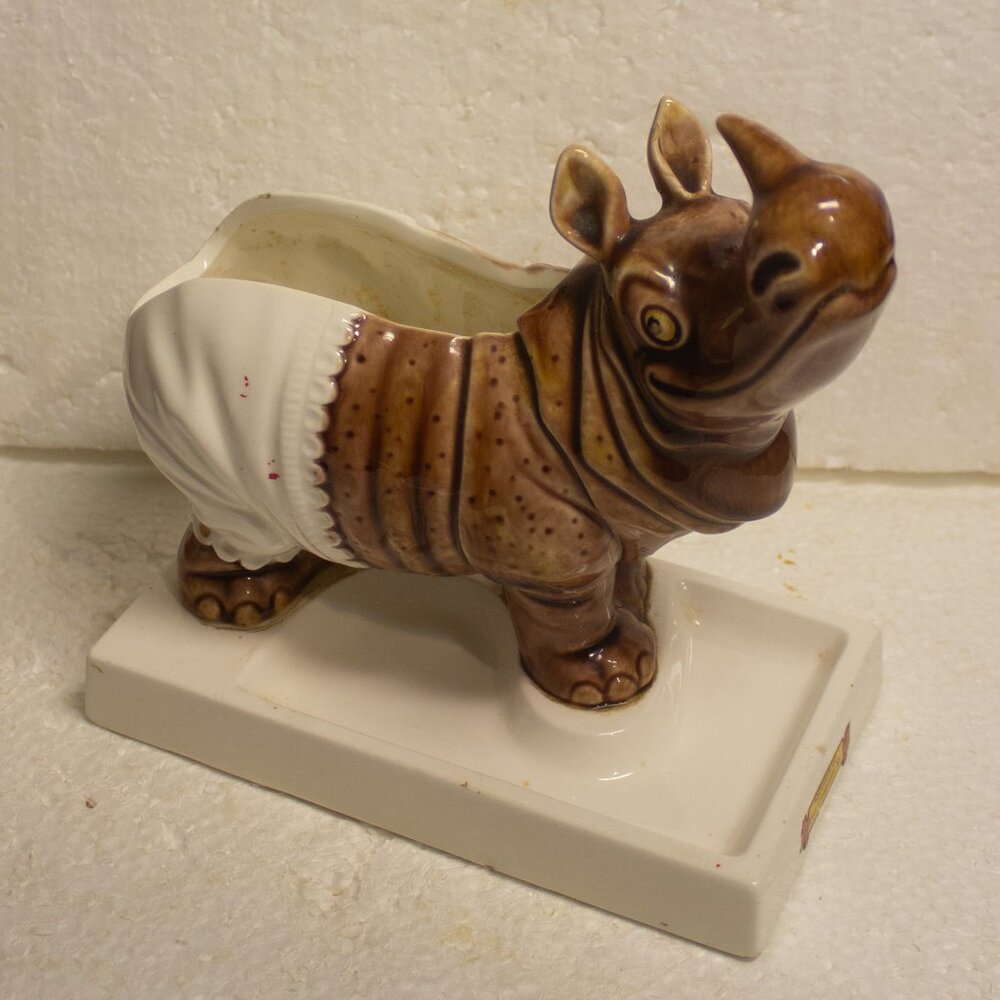 Vintage Whimsical Ceramic Glazed Rhino Planter Preowned